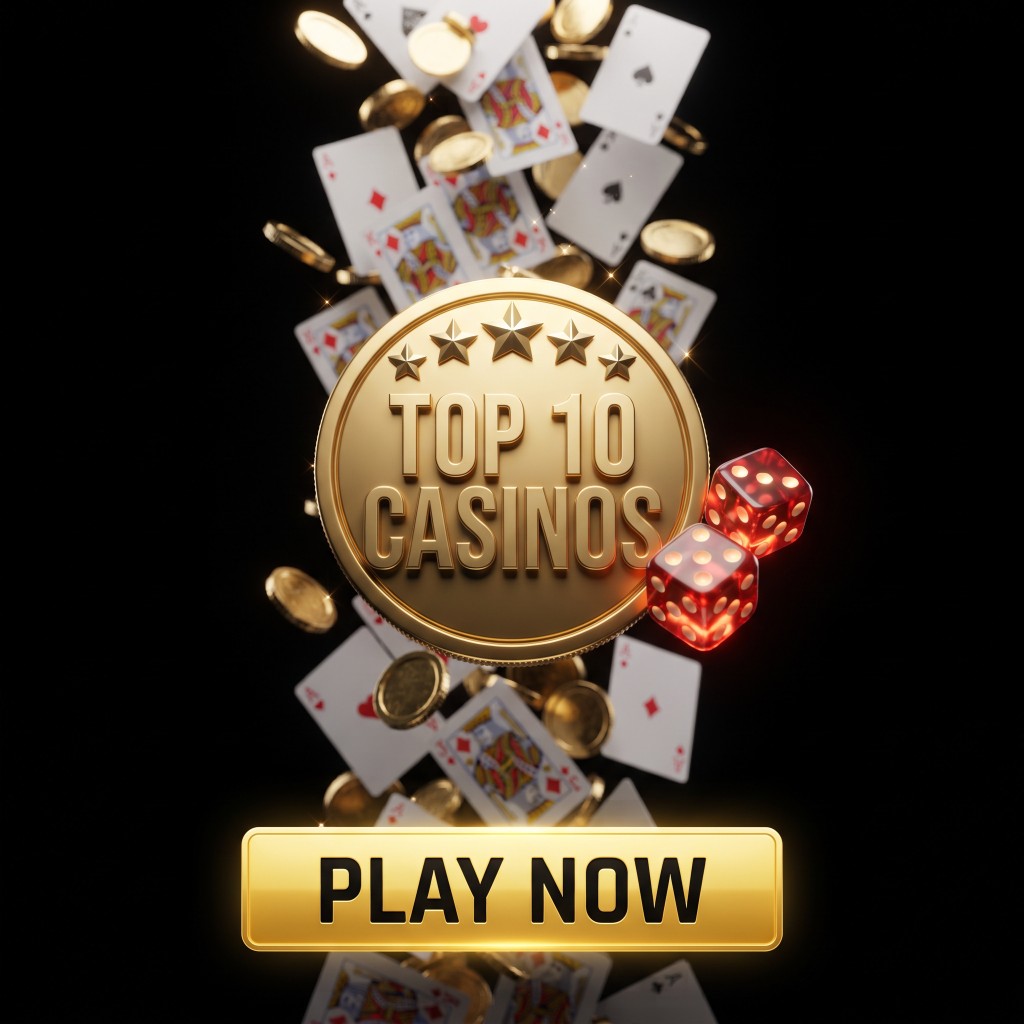 Gold coin reading Top 10 Casinos, with playing cards, coins, red dice and a Play Now button